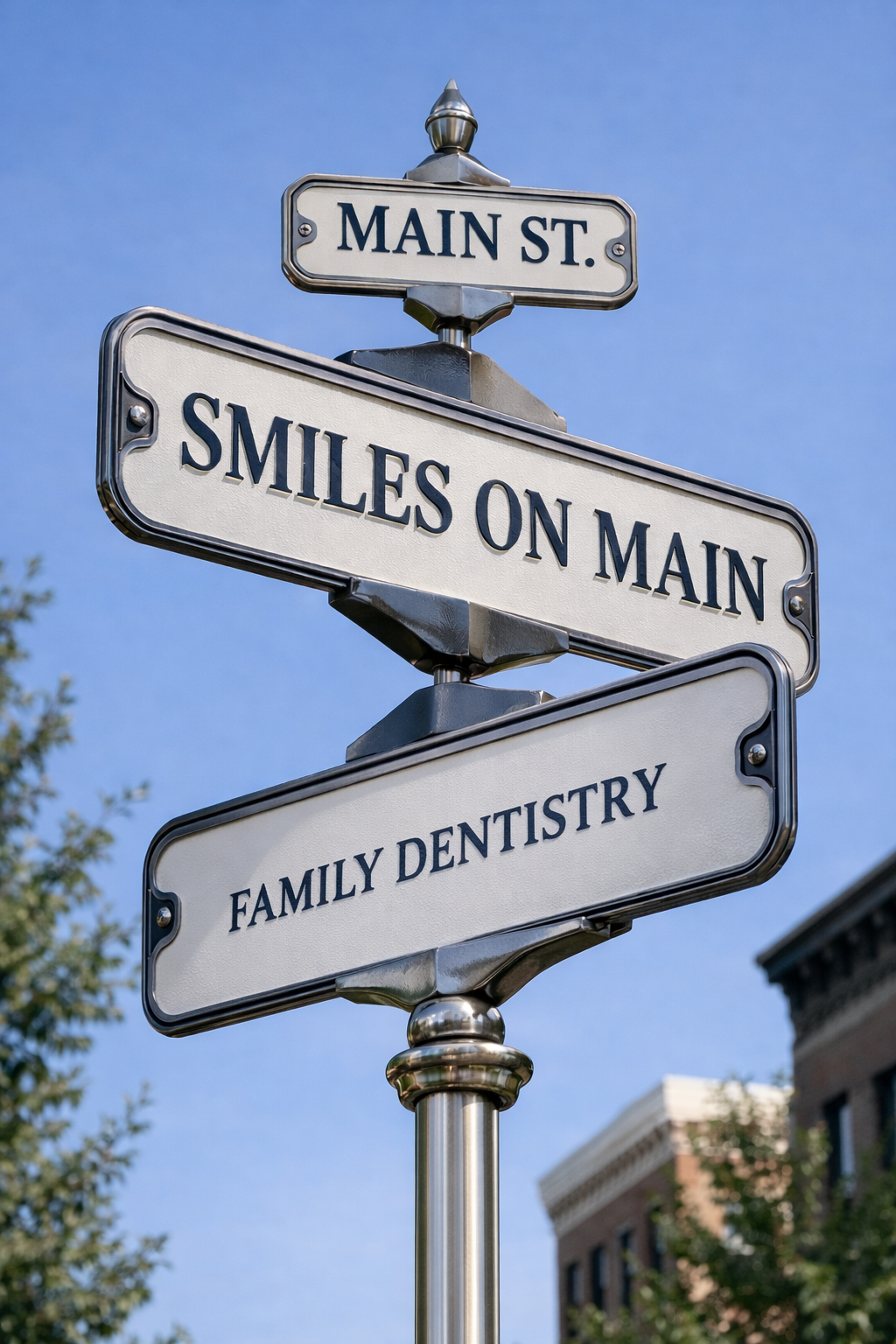 Main Street sign stack: 'Main St' over 'Smiles on Main Family Dentistry'